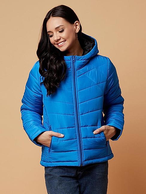 KOTTY Blue Solid Nylon Women Winter Padded Jacket