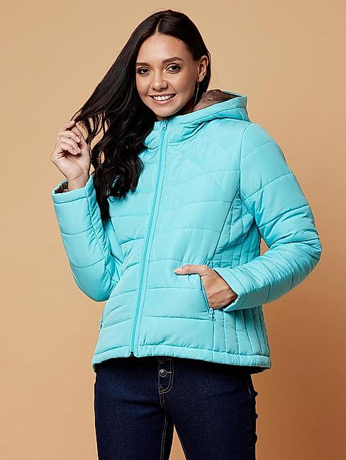 KOTTY Blue Solid Nylon Women Winter Padded Jacket