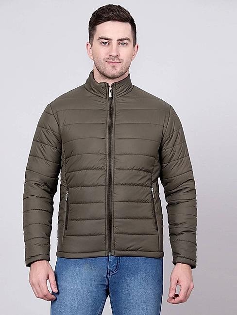 KOTTY Mens Solid Nylon Olive Green Puffer Jacket