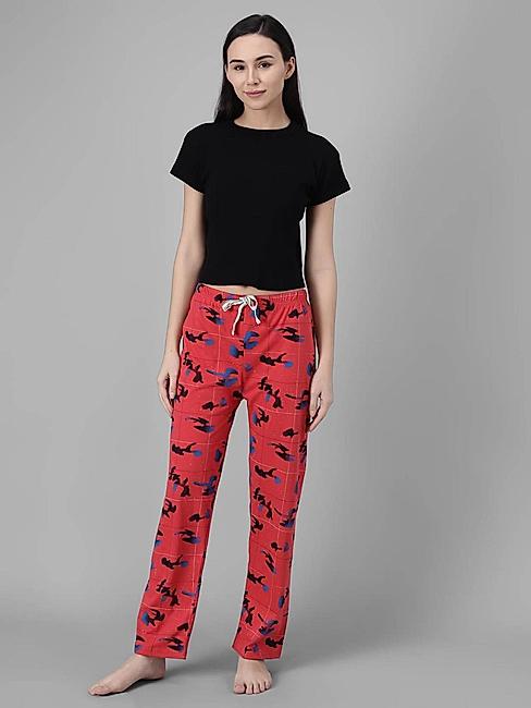 KOTTY Red Cotton Blend Printed Sleepwear Women Pyjama