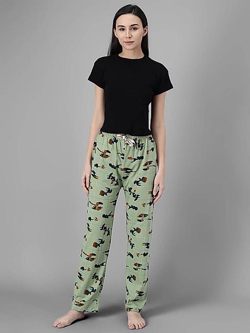 KOTTY Green Cotton Blend Printed Sleepwear Women Pyjama