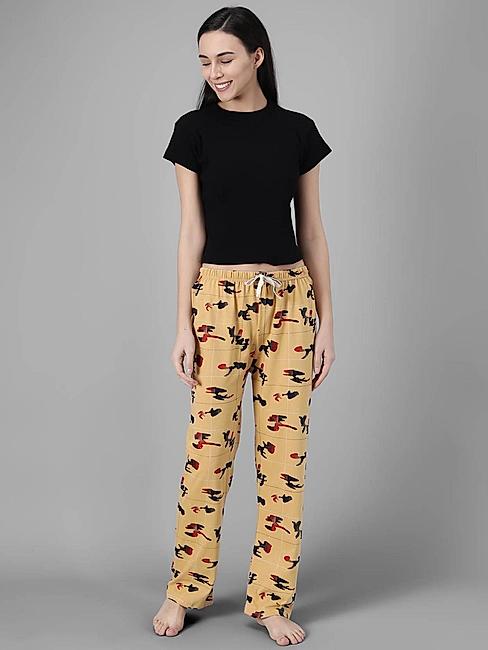 KOTTY Yellow Cotton Blend Printed Sleepwear Women Pyjama