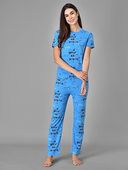 KOTTY Blue Cotton Printed Women Pyjama