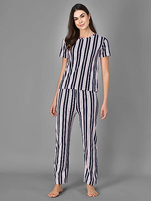 KOTTY Blue Cotton Striped Women Pyjama