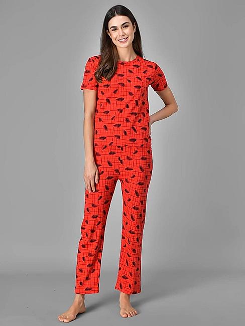 KOTTY Red Cotton Printed Women Pyjama