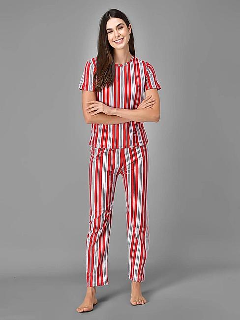 KOTTY Red Cotton Striped Women Pyjama