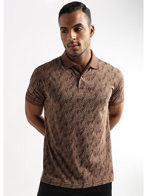 Cocoa Brown All Over Leaves Printed Polo