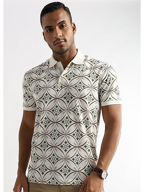 Coconut Milk White Endless Circles Printed Polo