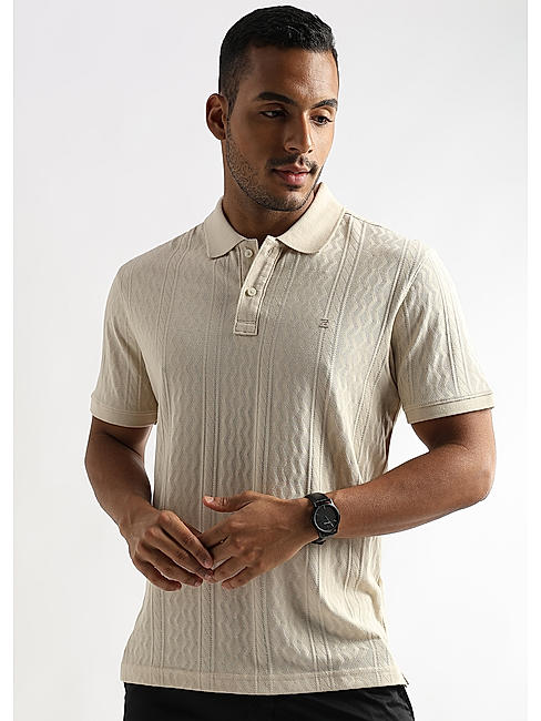 Cloud Cream Zigzag Diamond Knit Jacquard Polo