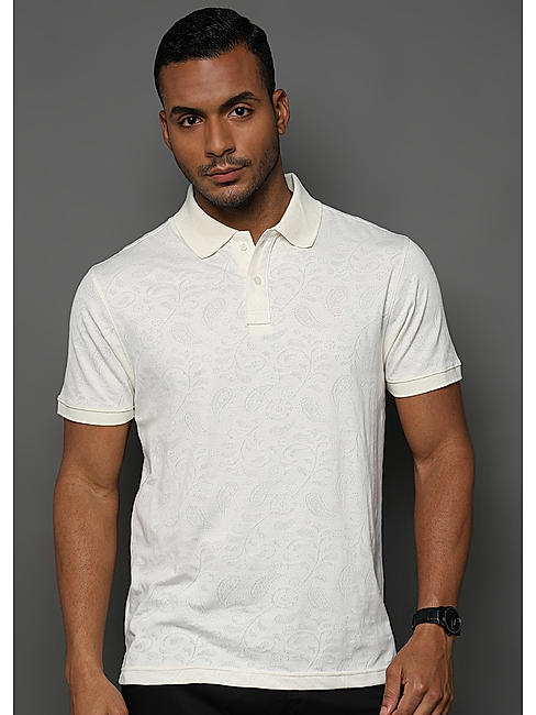 Egret White Stem Pattern Knit Jacquard Polo