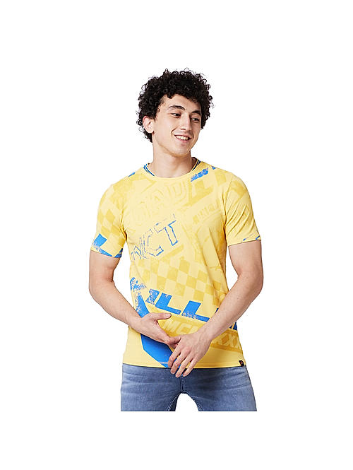 Killer Yellow Printed Round Neck Casual T-Shirts