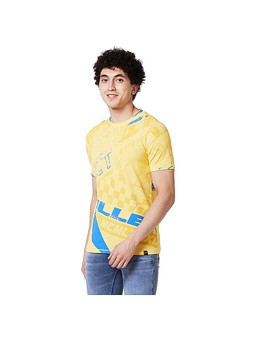Killer Yellow Printed Round Neck Casual T-Shirts