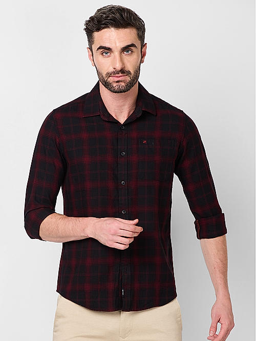 Killer Men Maroon Slim Fit Checks Shirts