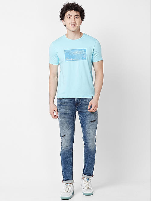 Killer Men Sky Blue Regular Fit Printed T-Shirts