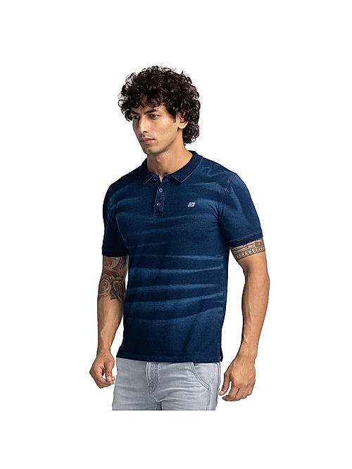 Men Blue Print Polo Neck T-shirt