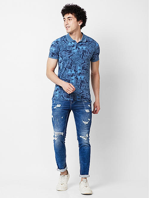 Killer Men Blue Printed Slim Fit Half Sleeve T-Shirts