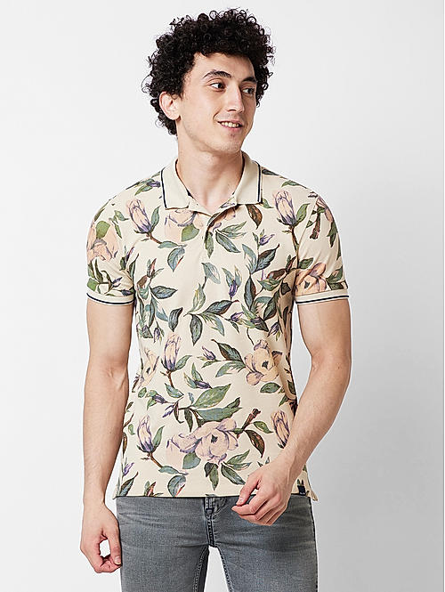 Killer Men Beige Floral Print Slim Fit Half Sleeve T-Shirts
