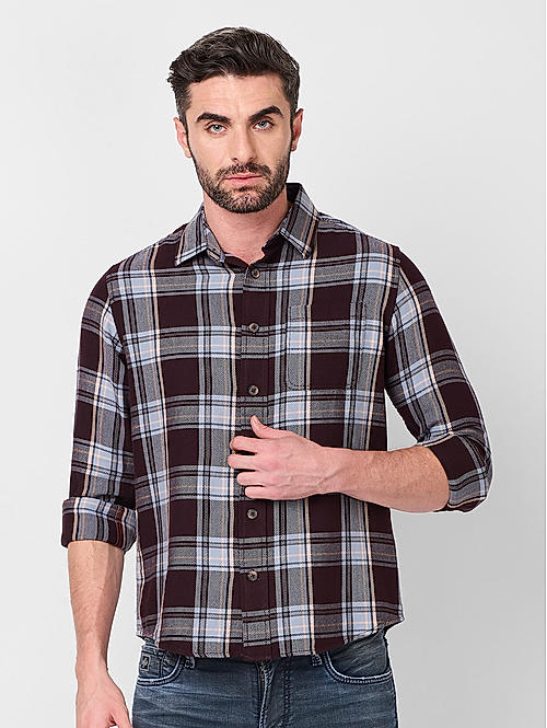 Men Slim Fit Wine Checks SHIRTS