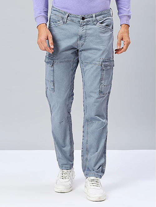 Men Slim Fit Light Grey Solid Cargo