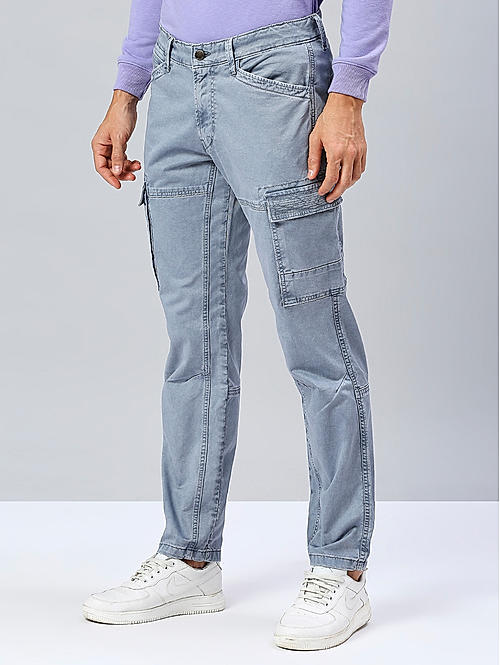 Men Slim Fit Light Grey Solid Cargo