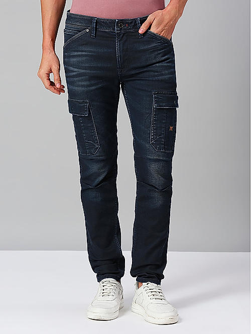 Men Slim Fit Dark Blue Solid Cargo