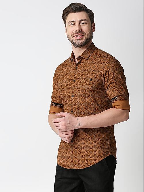 Killer Brown Slim Fit Collar Printed Shirts