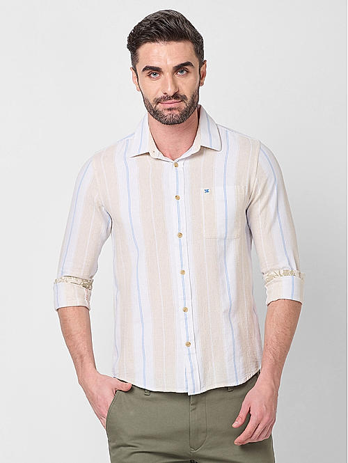 Men Beige Slim Fit Stripe Shirts