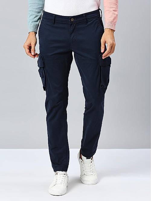 Killer Men Navy Blue Slim Fit Solid Utility Cargo
