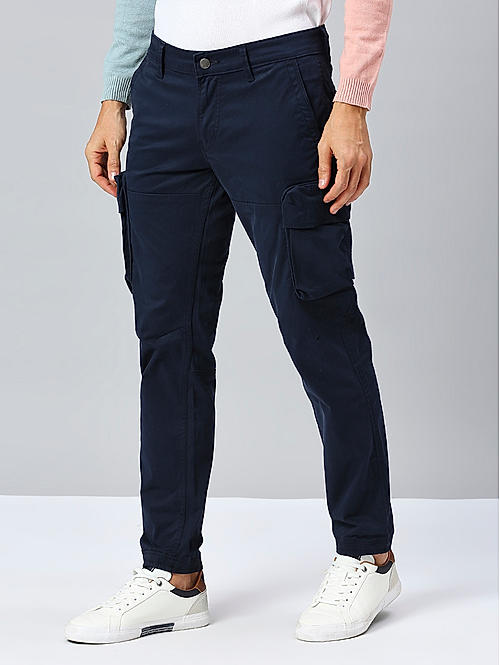 Killer Men Navy Blue Slim Fit Solid Utility Cargo