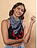 Navy Blue White Printed Red Tasseled Square Scarf