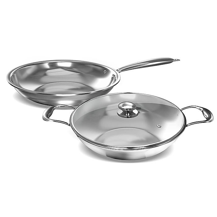 Preethi Metallica Collection Triply Stainless Steel set, 26 cm Kadai with Glass Lid, 26 cm Fry Pan, Gas & Induction Compatible, Metal Spatula Friendly with 5 year product warranty