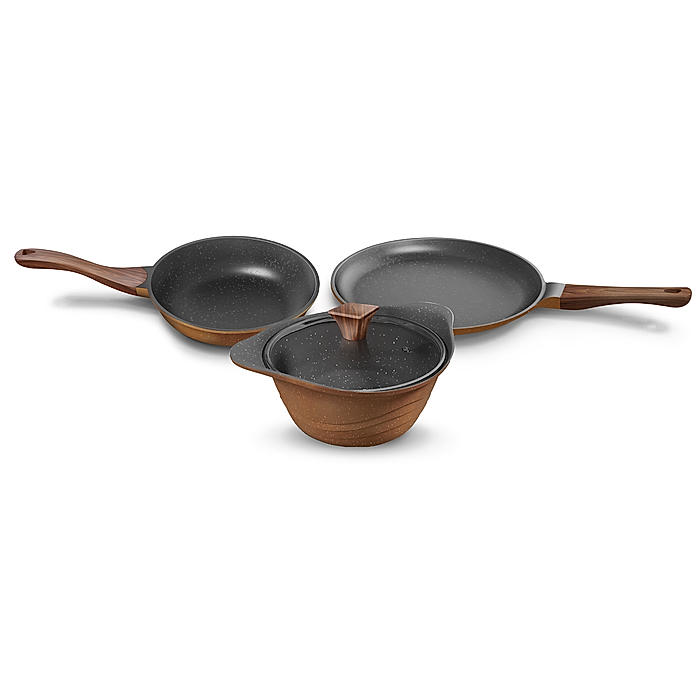 Preethi Artistic Collection Die Cast Non Stick Set , 27 cm Tawa, 24 cm Fry Pan, Kadai 24 cm With Glass Lid, 5 Star Non Stick Effect, Cook & Serve, Earthy Brown