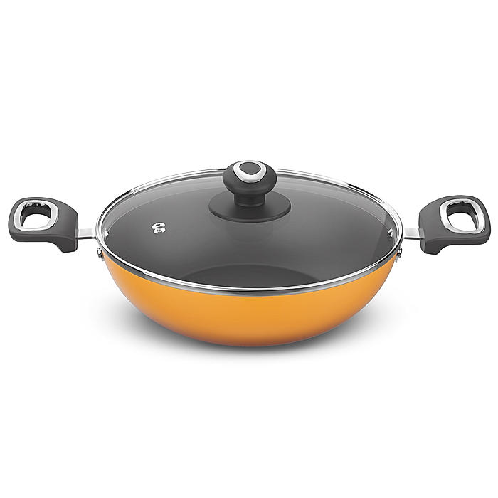 Preethi Dura Collection Non Stick Kadai, 26 cm, With Glass Lid, Gas & Induction Compatible, 5 Star Non Stick Effect, Turmeric Yellow