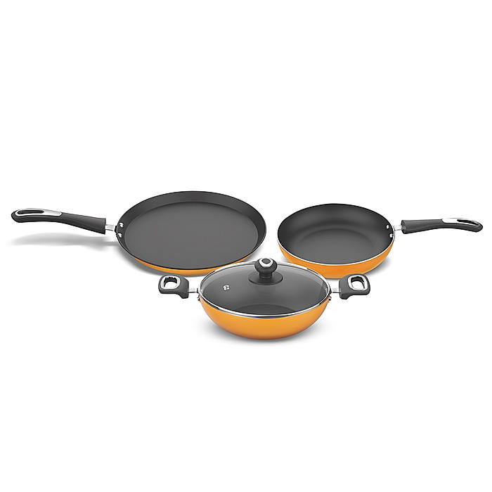 Preethi Dura Collection Non Stick Set, 28 cm Tawa, 26 cm Frying Pan, 26 cm Kadai, With Glass Lid, Gas & Induction Compatible, 5 Star Non Stick Effect, Turmeric Yellow