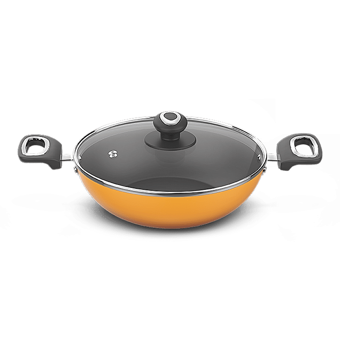 Preethi Dura Collection Non Stick Kadai, 24 cm, With Glass Lid, Gas & Induction Compatible, 5 Star Non Stick Effect, Turmeric Yellow