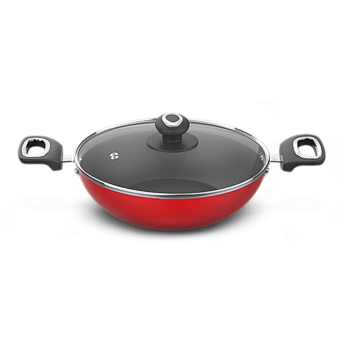 Preethi Dura Collection Non Stick Kadai, 24 cm, With Glass Lid, Gas & Induction Compatible, 5 Star Non Stick Effect, Chilly Red