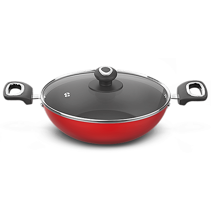 Preethi Dura Collection Non Stick Kadai, 26 cm, With Glass Lid, Gas & Induction Compatible, 5 Star Non Stick Effect, Chilly Red