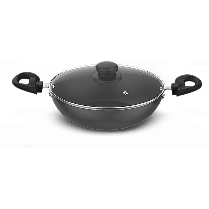 Preethi Daily Collection Non Stick Kadai 24 cm, With Glass Lid, 5 Star Non Stick Effect, Grey