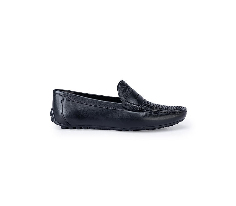 Black Textured Leather Moccasins