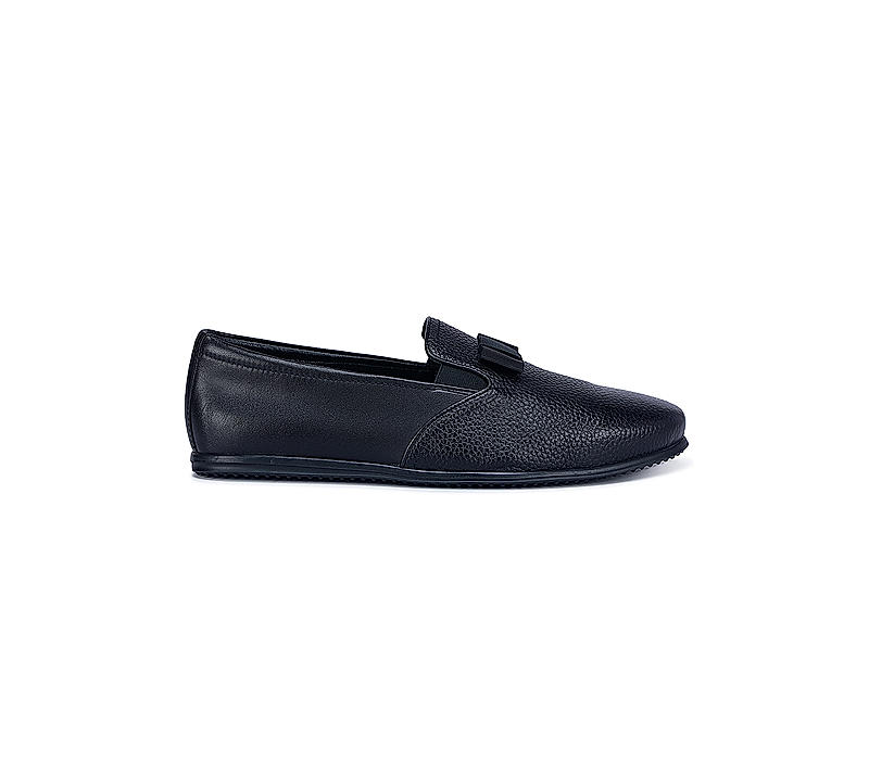 Black Textured Loafers With Top Bow