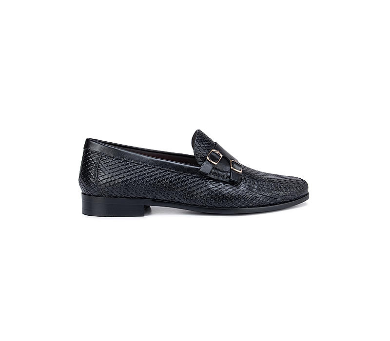 Black Textured Double Monk Strap Style Moccasins