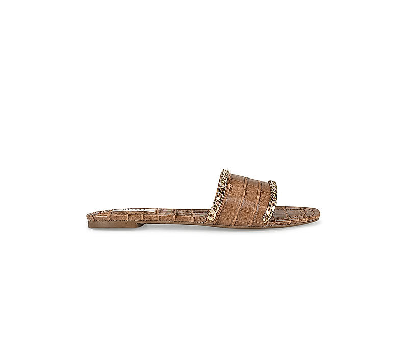 Beige Croco Effect Chain Embellished Sliders