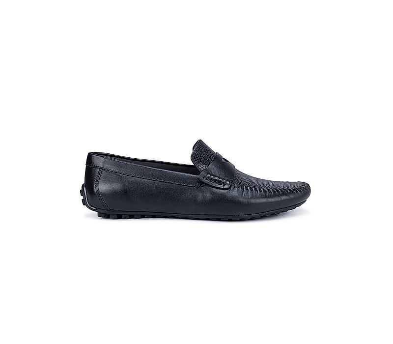 Black Textured Moccasins With Leather Panel