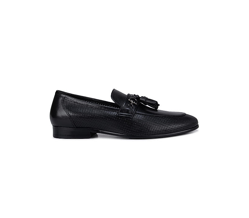 Black Perforated Loafers With Tassels