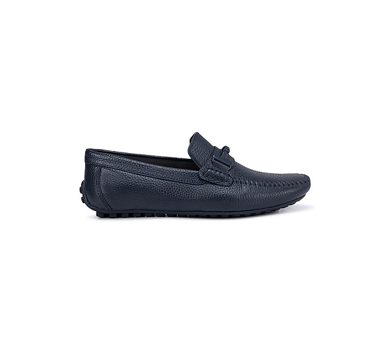 Navy Textured Leather Panel Moccasins