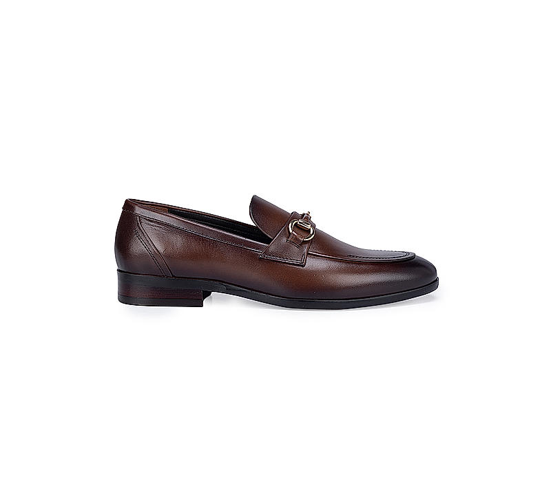 Coffee Leather Loafers with Metal Buckle