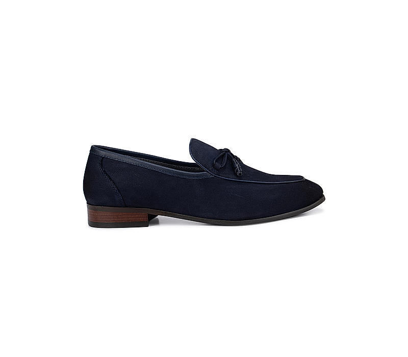 Blue Textured Loafers With Bow Detail