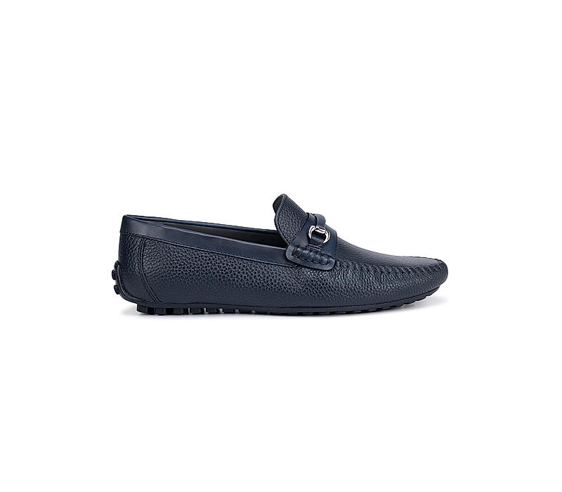 Navy Textured Leather Moccasins With Panel