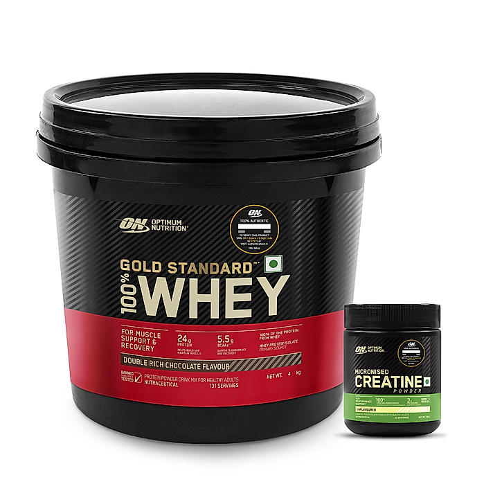 Gold Standard 100% Whey Protein Powder | Double Rich Chocolate | 4 kg and Micronized Creatine Powder | Unflavoured|100 g