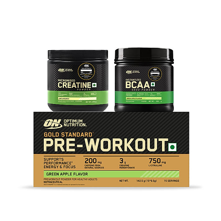 Micronised Creatine Powder | Unflavoured | 250 g and BCAA 5000 Powder | Green Apple | 250 g and Optimum Nutrition (ON) Gold Standard Pre-Workout- 142.5g/15 single serve packs (Green Apple Flavor), For Energy, Focus, Power, Endurance & Performance